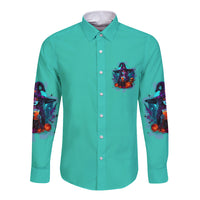 Teal long-sleeve button-up shirt with front witch artwork and printed sleeves