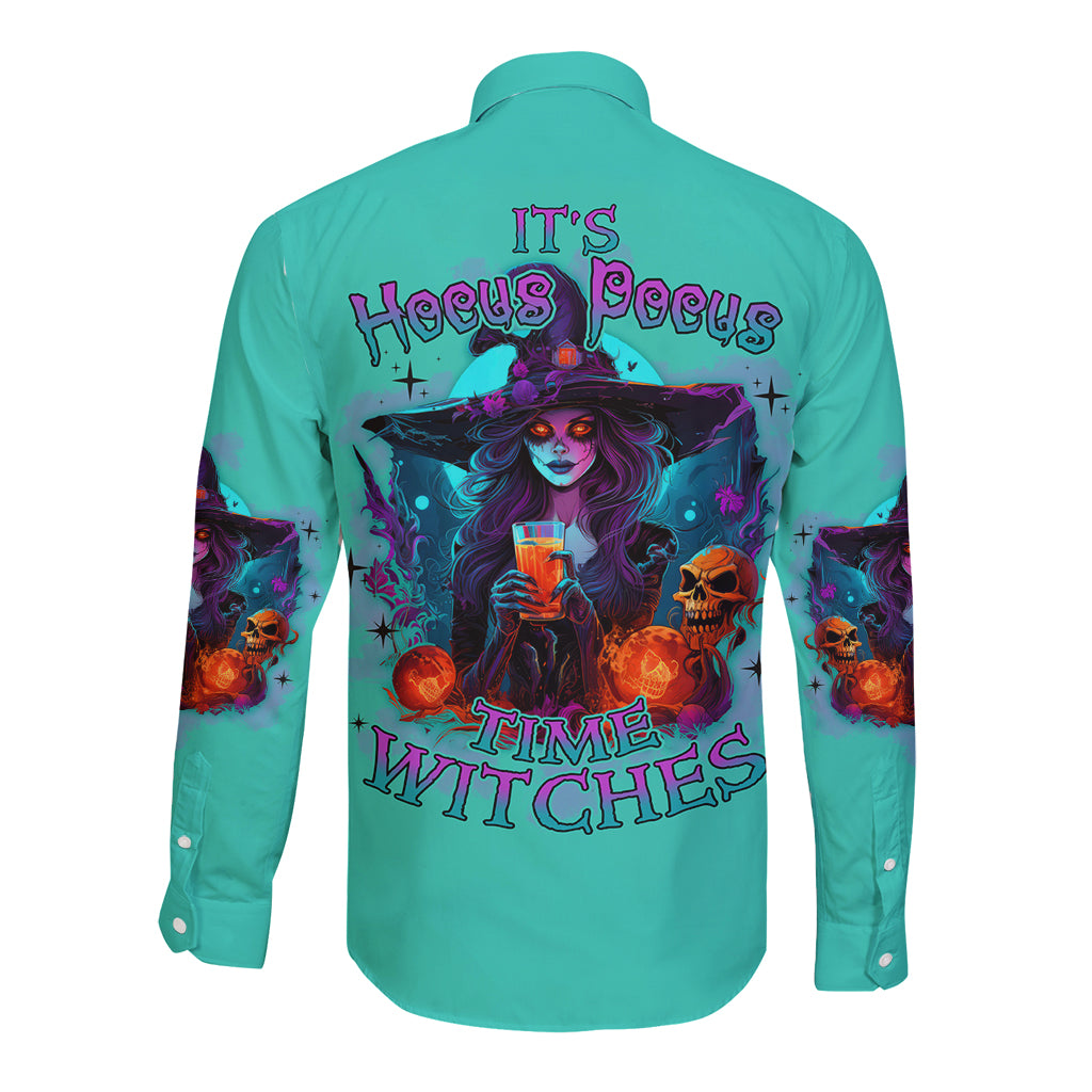 Teal long-sleeve button-up shirt with back witch graphic and Halloween text