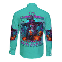 Teal long-sleeve button-up shirt with back witch graphic and Halloween text