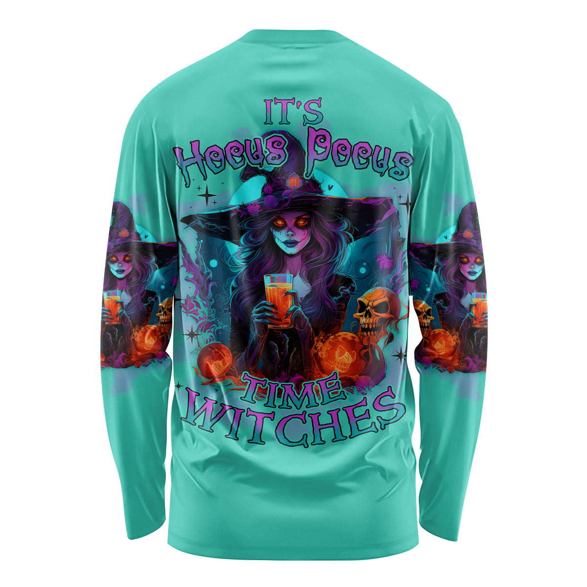 Teal long sleeve Halloween shirt with colorful witch and Time Witches back print