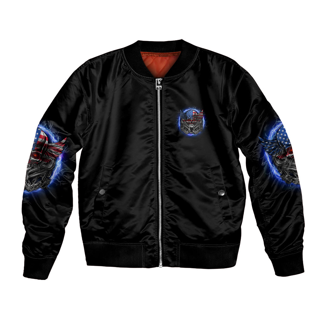 Black bomber jacket with front zipper and chest patch, graphic wings on sleeves