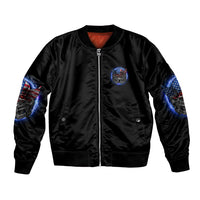 Black bomber jacket with front zipper and chest patch, graphic wings on sleeves