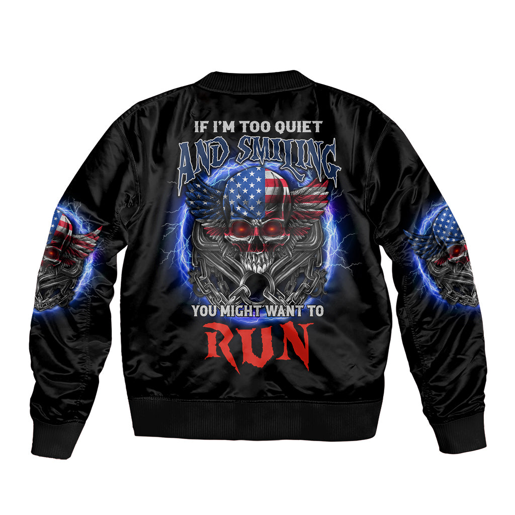 Black bomber jacket with skull wings and USA flag graphic, ribbed cuffs and hem