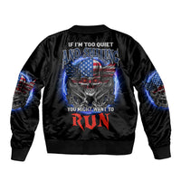 Black bomber jacket with skull wings and USA flag graphic, ribbed cuffs and hem