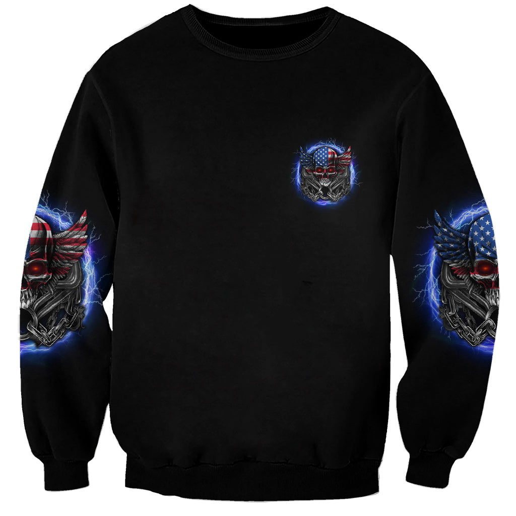 Black unisex sweatshirt with small skull-wing logo and blue lightning sleeves