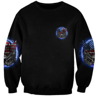 Black unisex sweatshirt with small skull-wing logo and blue lightning sleeves