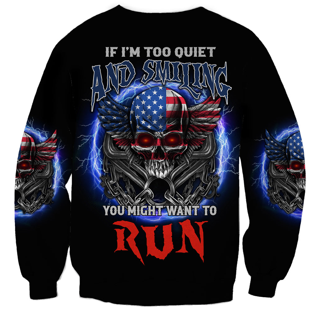 Black unisex sweatshirt with skull wings, American flag, and blue lightning graphic