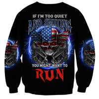 Black unisex sweatshirt with skull wings, American flag, and blue lightning graphic