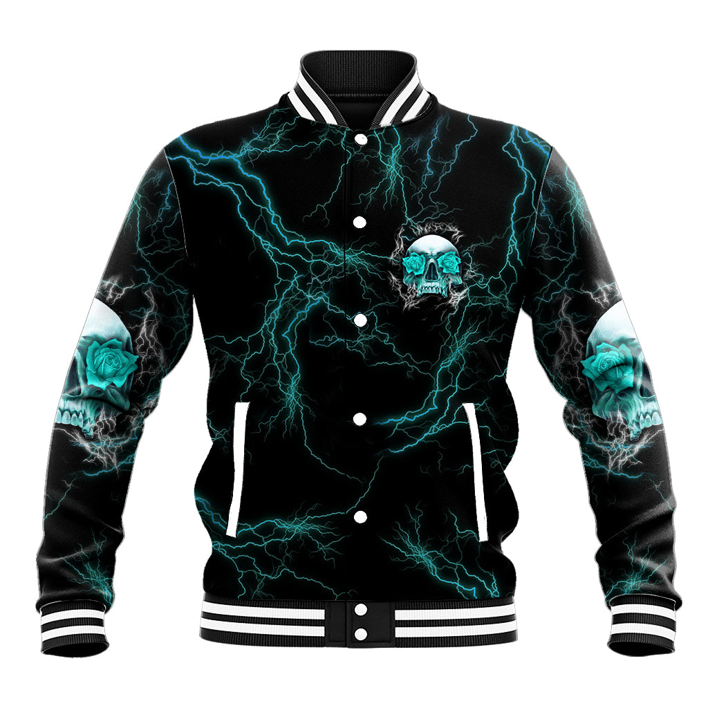 Black baseball jacket with teal lightning, skull graphic, snap-button front