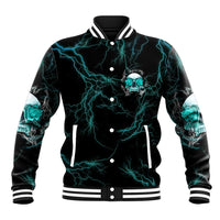 Black baseball jacket with teal lightning, skull graphic, snap-button front