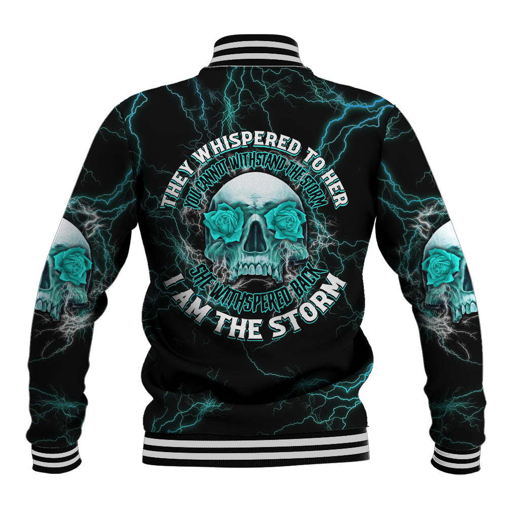 Black varsity baseball jacket with teal lightning and skull graphic on back