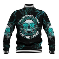 Black varsity baseball jacket with teal lightning and skull graphic on back