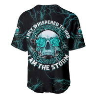 Black baseball jersey with teal lightning and large skull graphic on back