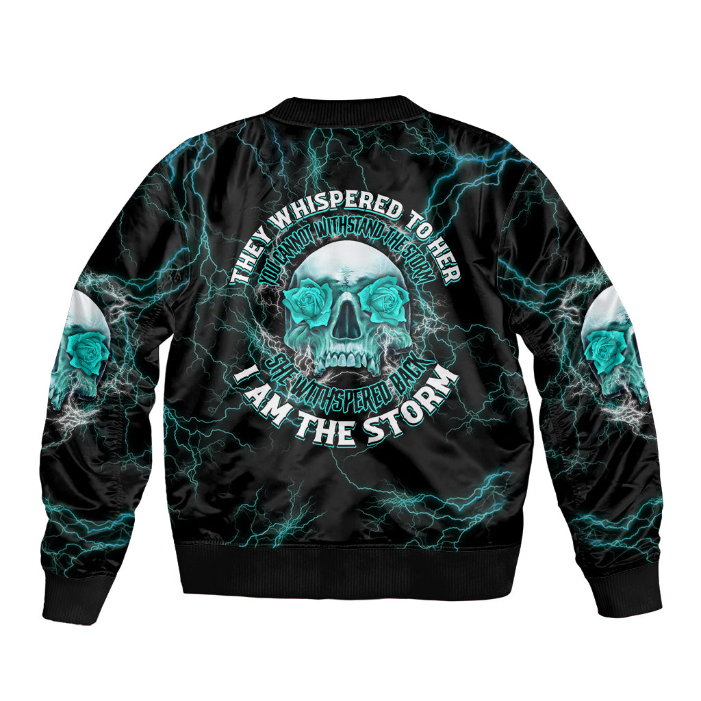 Unisex bomber jacket, black with teal lightning and skull back print