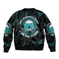 Unisex bomber jacket, black with teal lightning and skull back print