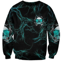 Black sweatshirt with neon blue lightning and teal skull graphic, long sleeves