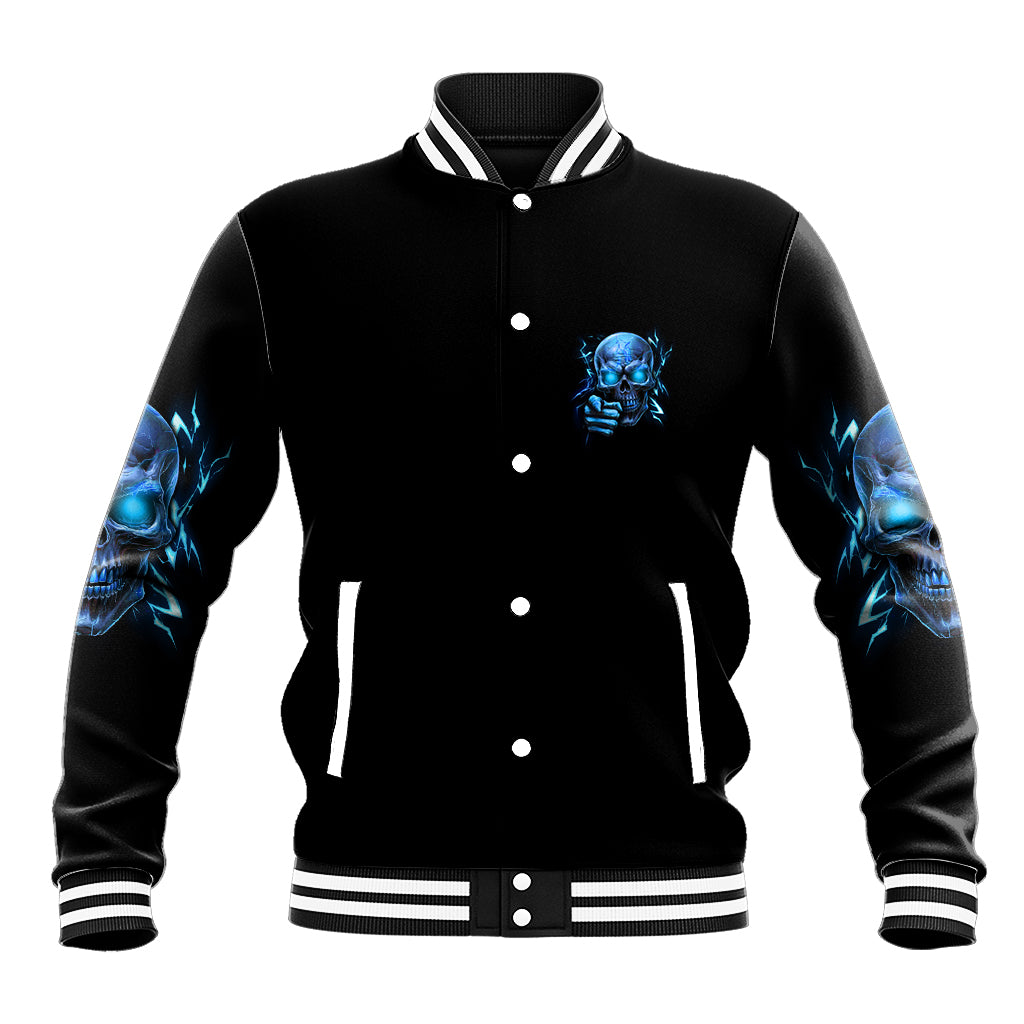 Black baseball jacket with blue skull chest print, blue sleeve graphics, striped ribbed hem