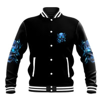 Black baseball jacket with blue skull chest print, blue sleeve graphics, striped ribbed hem