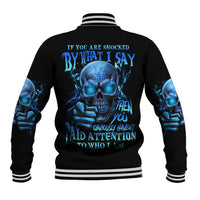Black baseball jacket with blue skull graphic and blue text on back, striped ribbed trim