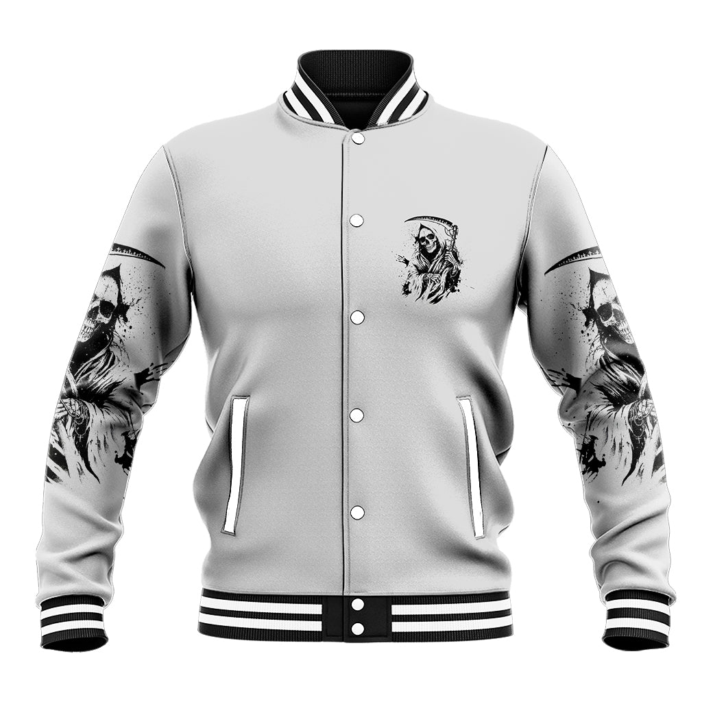 Unisex baseball jacket front button-up with small skull reaper patch and striped rib trim