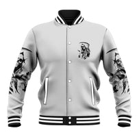 Unisex baseball jacket front button-up with small skull reaper patch and striped rib trim