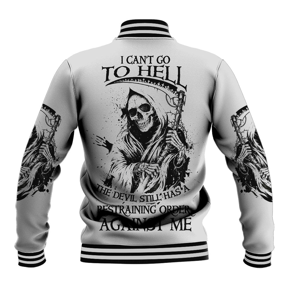 Unisex baseball jacket with reaper skull graphic on back, striped collar and cuffs