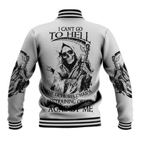 Unisex baseball jacket with reaper skull graphic on back, striped collar and cuffs