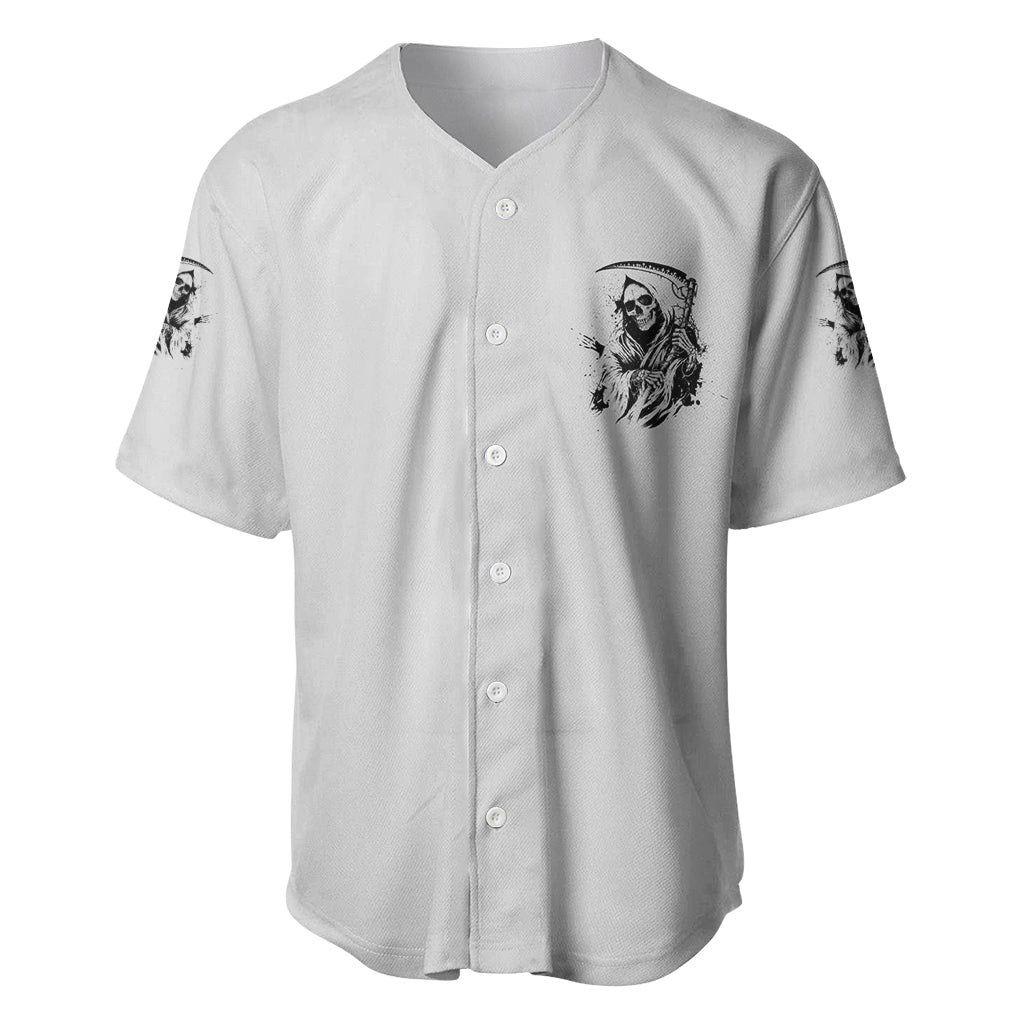 White baseball jersey with front reaper skull print, V-neck button placket, short sleeves