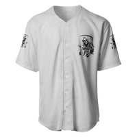 White baseball jersey with front reaper skull print, V-neck button placket, short sleeves