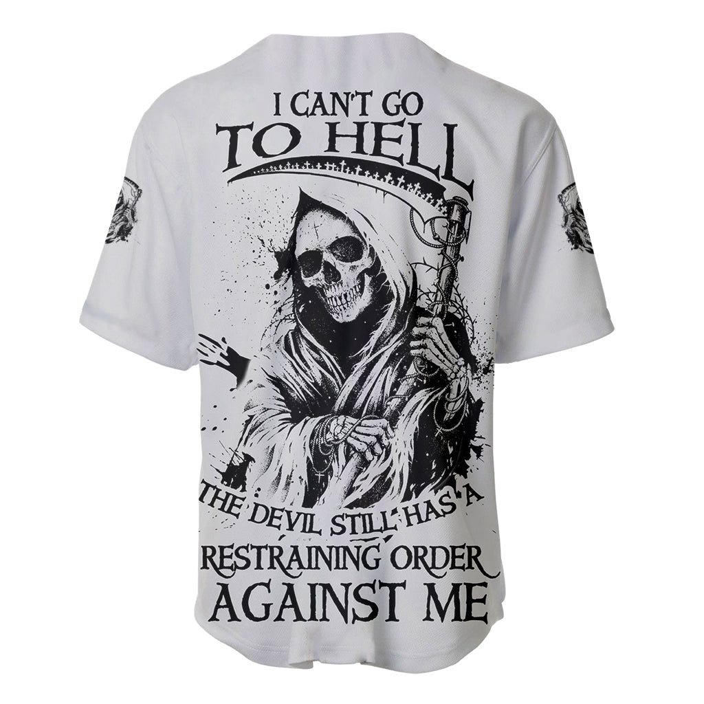 White baseball jersey with back skull reaper graphic and black text, short sleeves