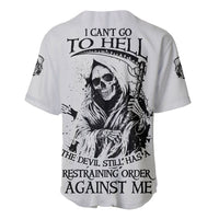 White baseball jersey with back skull reaper graphic and black text, short sleeves