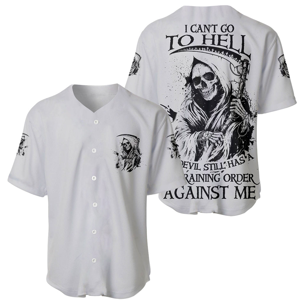 Pair of white baseball jerseys with skull reaper graphics on front and back, short sleeves