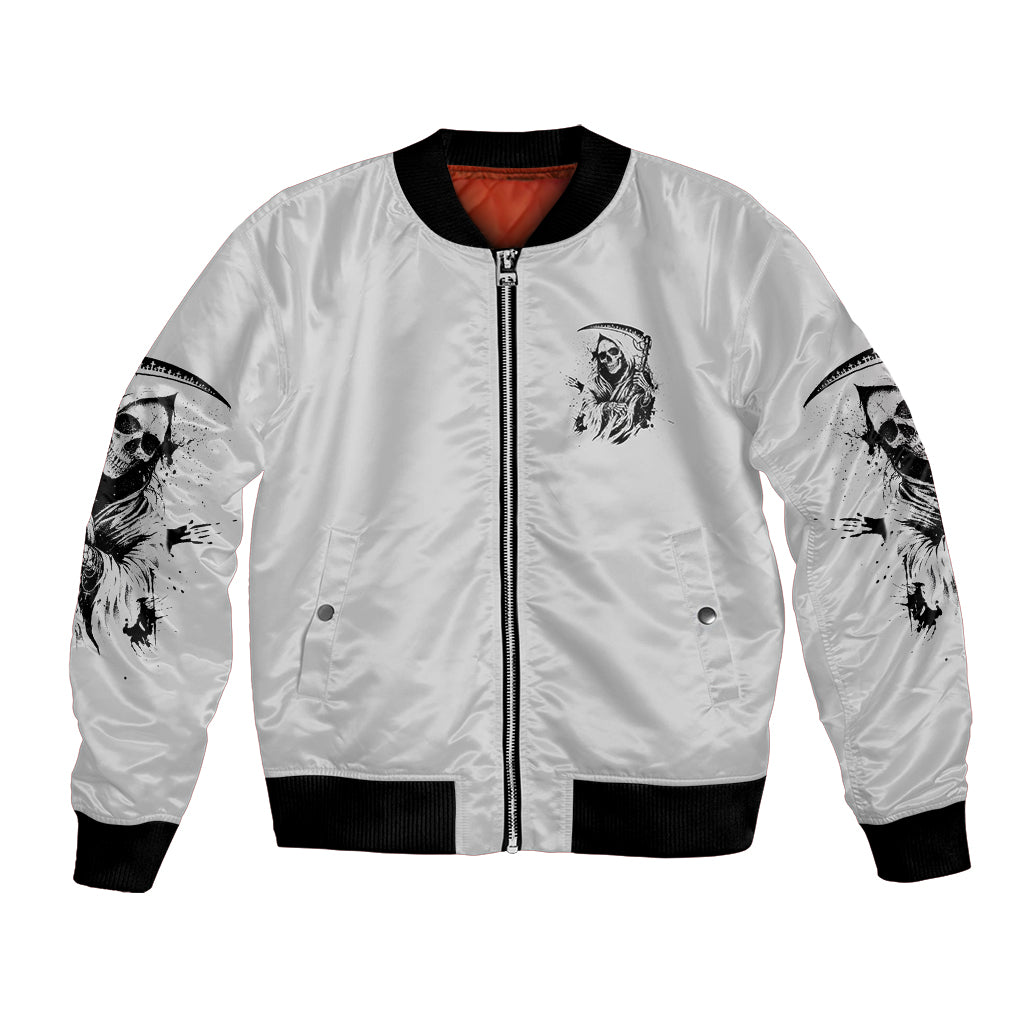 White bomber jacket with front zipper, reaper skull patch, black ribbed hem and sleeves
