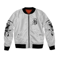 White bomber jacket with front zipper, reaper skull patch, black ribbed hem and sleeves