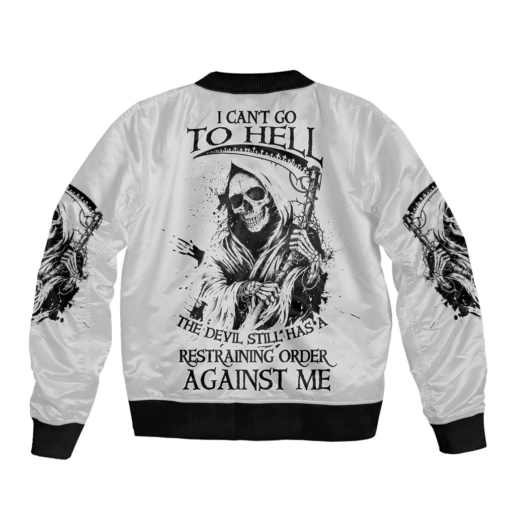 White bomber jacket with reaper skull back graphic and ribbed black collar and cuffs