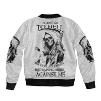 White bomber jacket with reaper skull back graphic and ribbed black collar and cuffs