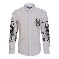 White long-sleeve button shirt with small reaper skull chest print and sleeve skull