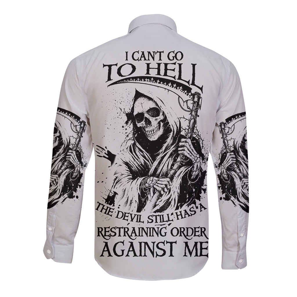 White long-sleeve button shirt with reaper skull back graphic and demon text