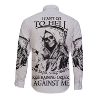 White long-sleeve button shirt with reaper skull back graphic and demon text
