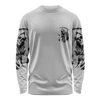 White long sleeve shirt with small reaper skull emblem and black sleeve skull prints.