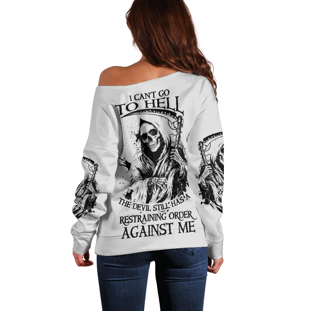 Women’s light gray off-shoulder sweater with skull reaper print across back