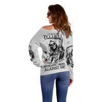 Women’s light gray off-shoulder sweater with large skull reaper back graphic