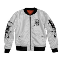 White zip bomber jacket with front reaper skull patch, black ribbed hem and cuffs
