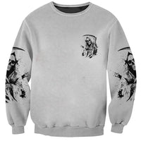 Gray unisex sweatshirt with small reaper skull chest print and sleeve graphics