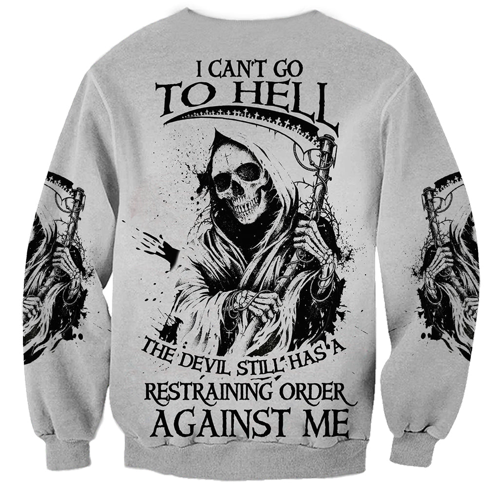 Gray unisex sweatshirt with reaper skull graphic and slogan text on front