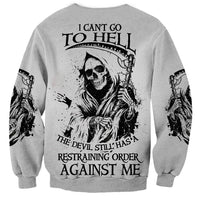Gray unisex sweatshirt with reaper skull graphic and slogan text on front