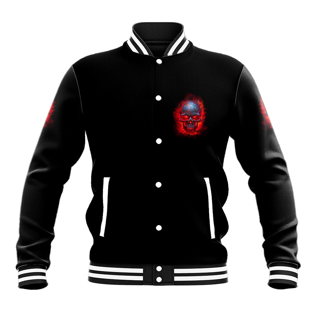 Black baseball jacket with red-blue skull chest graphic, snap front, striped ribbed cuffs