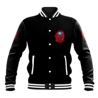 Black baseball jacket with red-blue skull chest graphic, snap front, striped ribbed cuffs