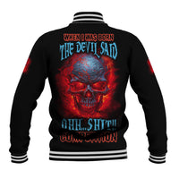 Black baseball jacket with red-blue devil skull back graphic and striped ribbed hem