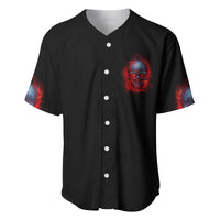 Black baseball jersey with red skull graphic and white button placket